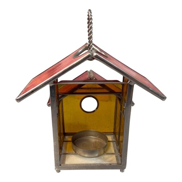 Slag stained glass leaded Lantern Bird House Tea light Candleholder, Red and Amb - Picture 3 of 8